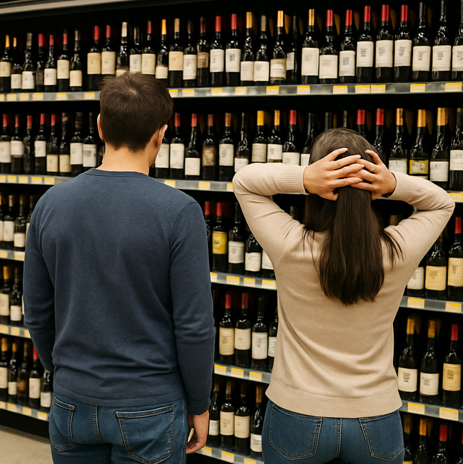 Choosing From a Wall of Wine Two shoppers overwhelmed by rows of wine bottles in a store.