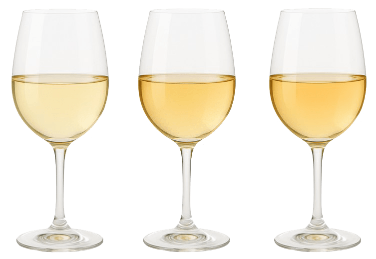 Three glasses of Chardonnay showing different colors and styles.