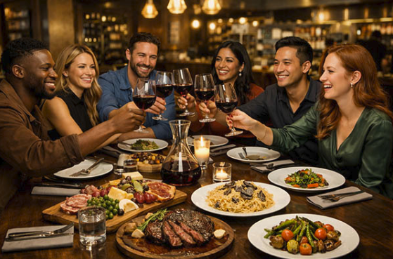Friends Sharing Wine Over Dinner Friends sharing wine over dinner at a restaurant.