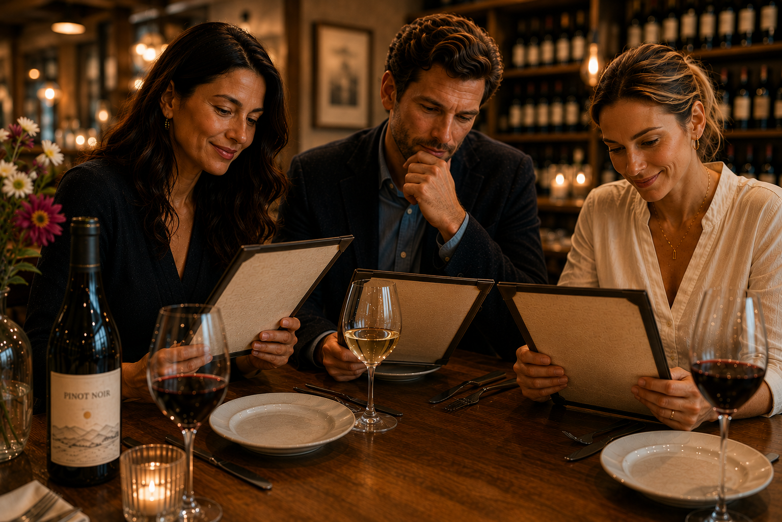 choose-right-wine Three diners choosing wine together from restaurant wine lists.