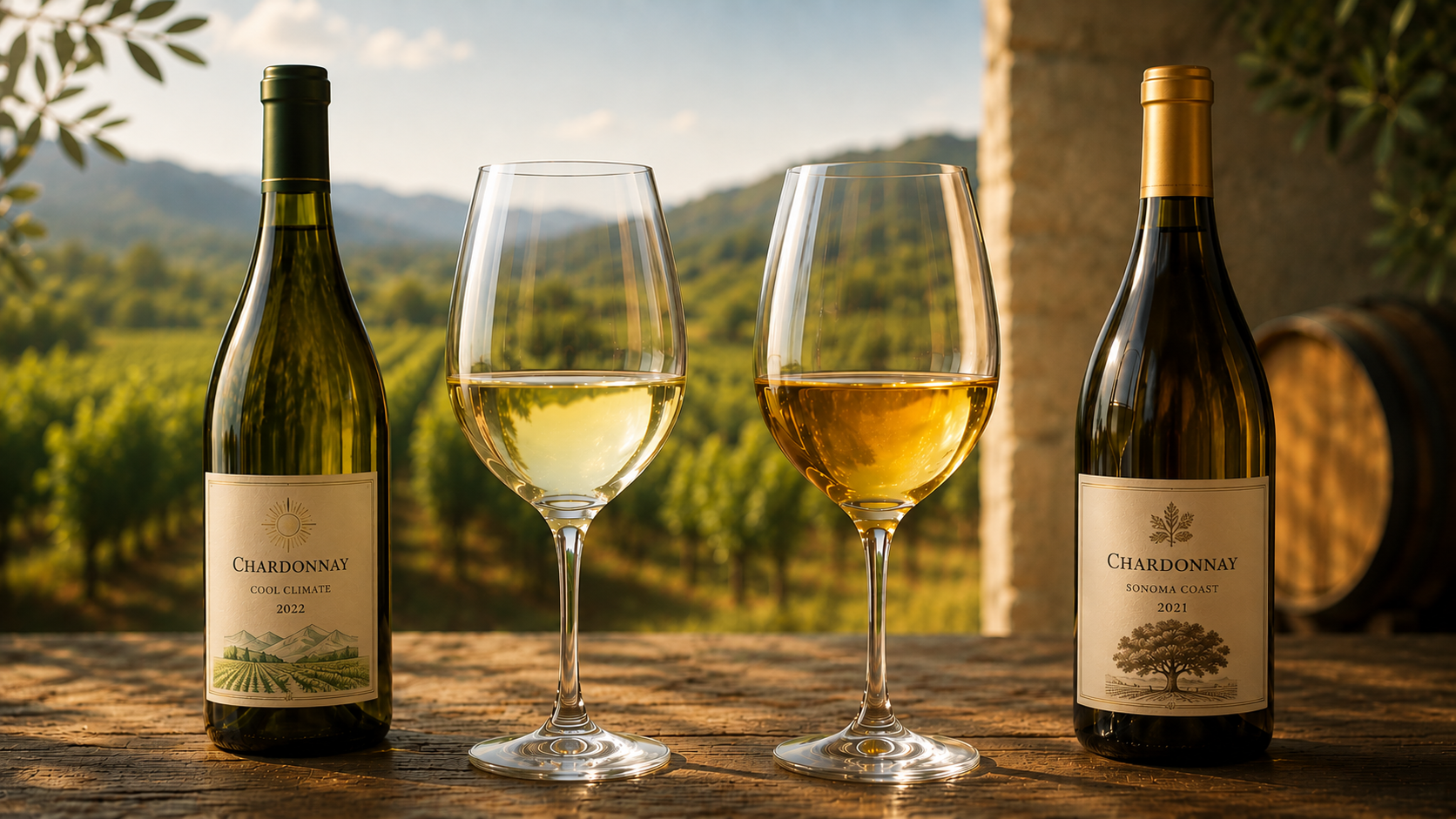 same-grape Two bottles and glasses of Chardonnay showing different wine styles.